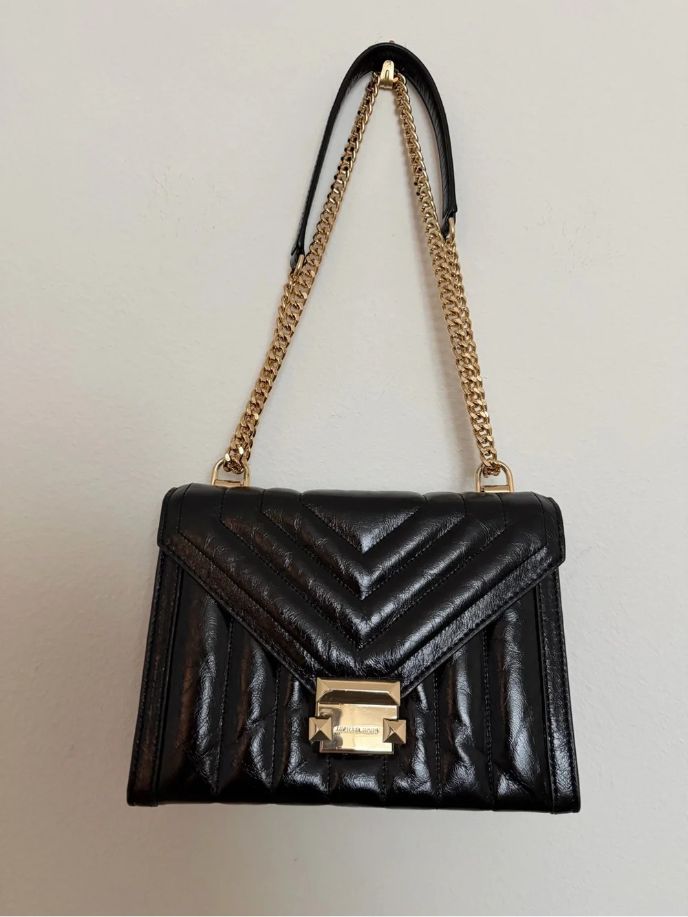 Michael Kors Black Quilted Leather Shoulder Bag with Gold Chain